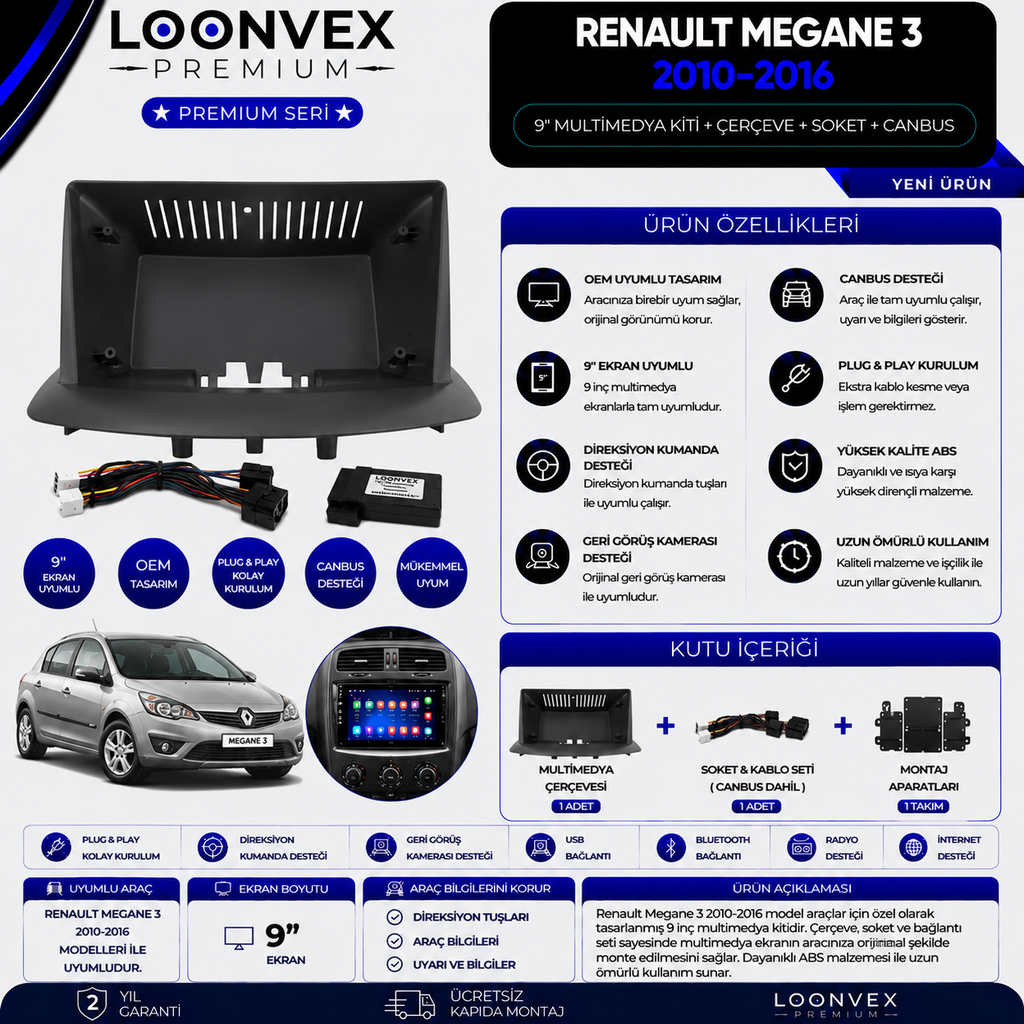 LOONVEX Premium Renault Megane 3 2010-2016 9 İnç Multimedya Çerçeve + Soket + CANBUS Montaj Kiti