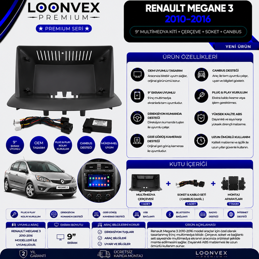 LOONVEX Premium Renault Megane 3 2010-2016 9 İnç Multimedya Çerçeve + Soket + CANBUS Montaj Kiti
