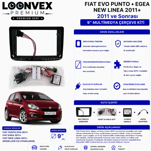 LOONVEX Fiat Punto Evo / New Linea 2011+ 9 İnç Multimedya Çerçeve + Soket Kiti