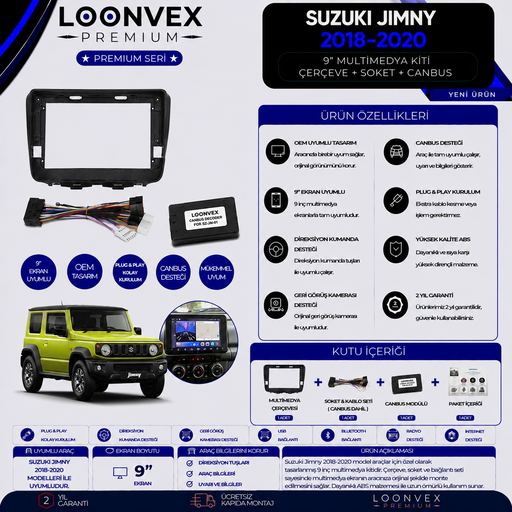 LOONVEX Premium Suzuki Jimny 2018-2020 9 İnç Multimedya Çerçeve + Soket + CANBUS Montaj Kiti