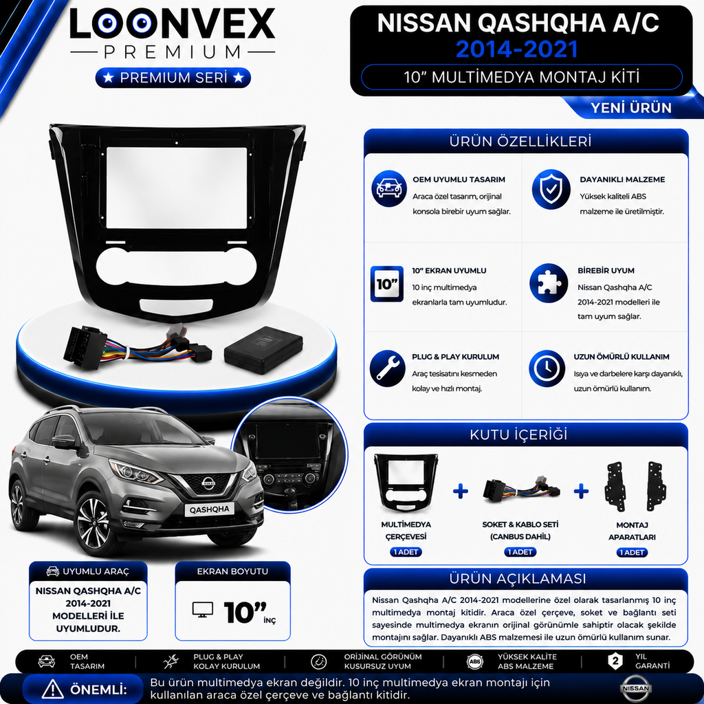 LOONVEX Premium Nissan Qashqai A/C 2014-2021 10 İnç Multimedya Çerçeve ve Soket Montaj Kiti