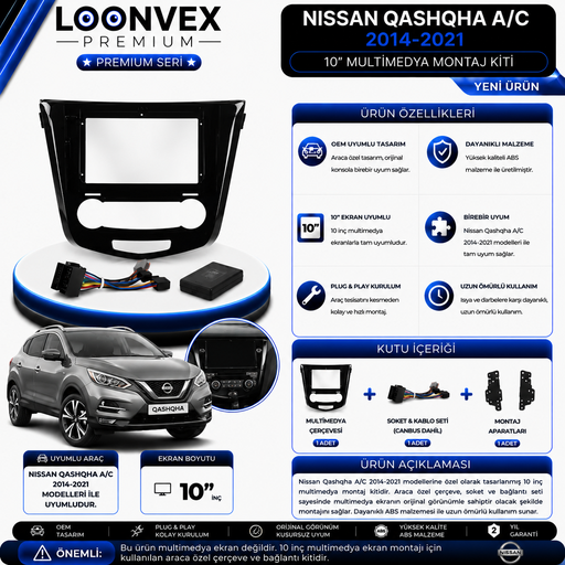 LOONVEX Premium Nissan Qashqai A/C 2014-2021 10 İnç Multimedya Çerçeve ve Soket Montaj Kiti