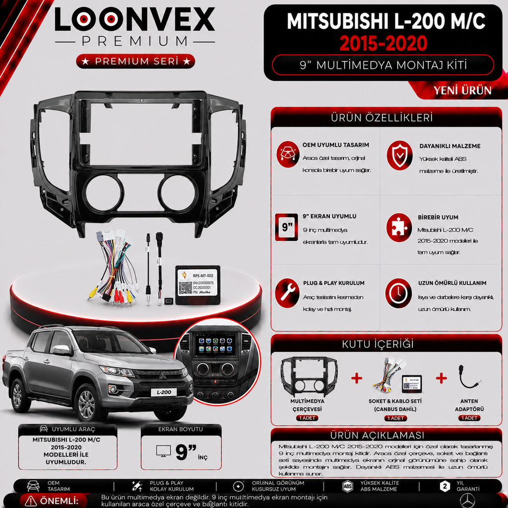 LOONVEX PREMIUM MITSUBISHI L-200 M/C 2015-2020 9" MULTİMEDYA MONTAJ KİTİ