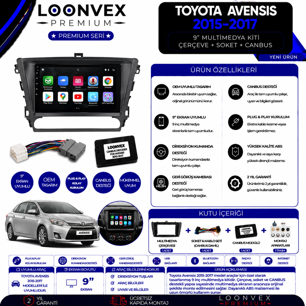 LOONVEX Premium Toyota Avensis 2015-2017 9 İnç Multimedya Çerçeve + Soket + CANBUS Montaj Kiti