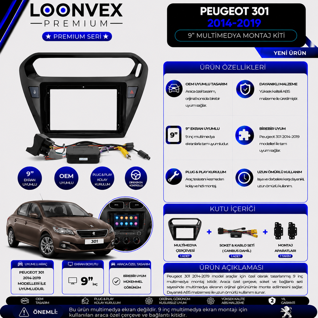 LOONVEX Premium Peugeot 301 2014-2019 9 İnç Siyah Multimedya Çerçeve + Soket + CANBUS Montaj Kiti