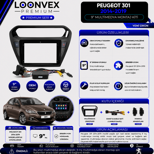 LOONVEX Premium Peugeot 301 2014-2019 9 İnç Siyah Multimedya Çerçeve + Soket + CANBUS Montaj Kiti