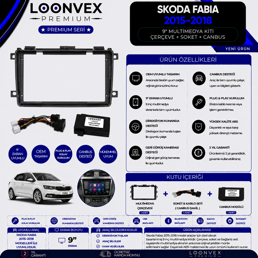 LOONVEX Premium Skoda Fabia 2015-2018 9 İnç Multimedya Çerçeve + Soket + CANBUS Montaj Kiti