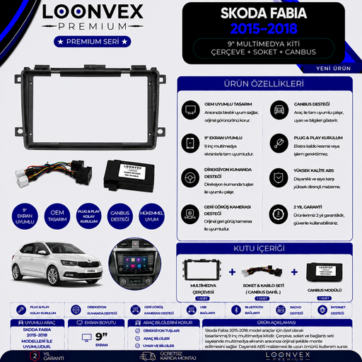 LOONVEX Premium Skoda Fabia 2015-2018 9 İnç Multimedya Çerçeve + Soket + CANBUS Montaj Kiti
