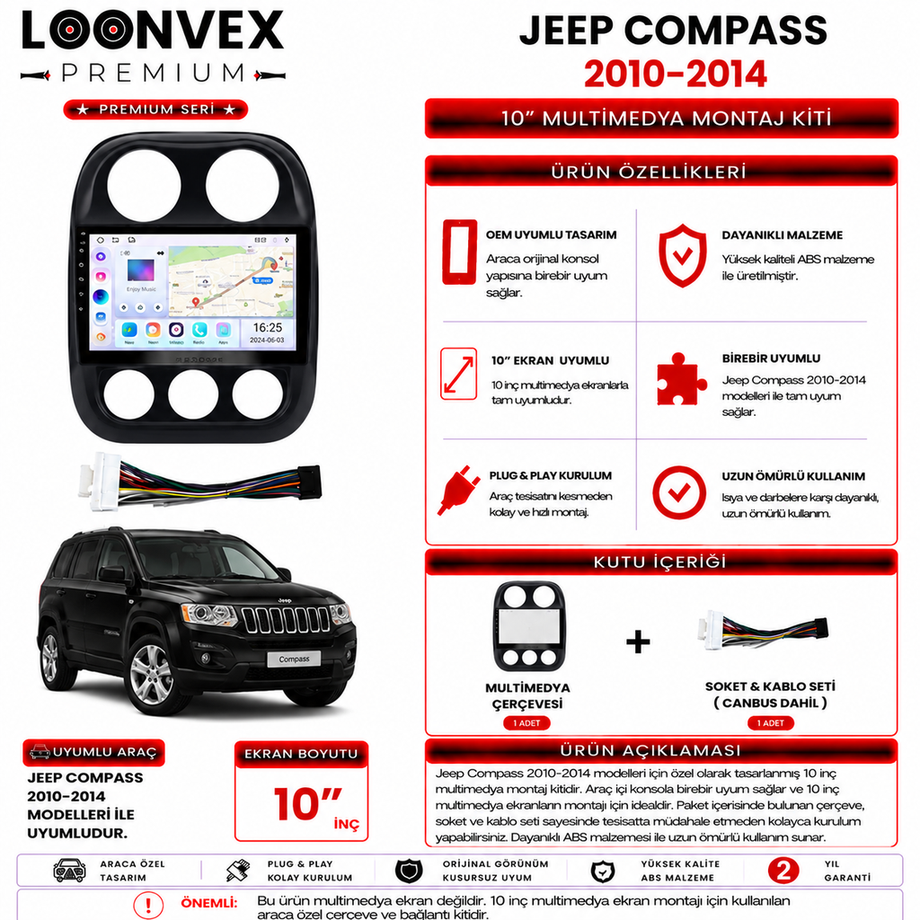 LOONVEX PREMIUM – JEEP COMPASS 2010-2014 10" MULTİMEDYA ÇERÇEVE + SOKET KİTİ
