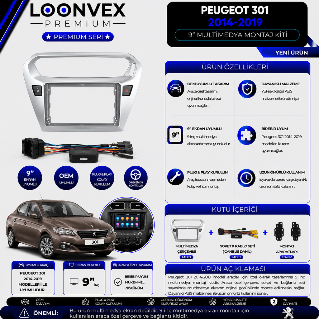 LOONVEX Premium Peugeot 301 2014-2019 9 İnç Gri Multimedya Çerçeve + Soket + CANBUS Montaj Kiti