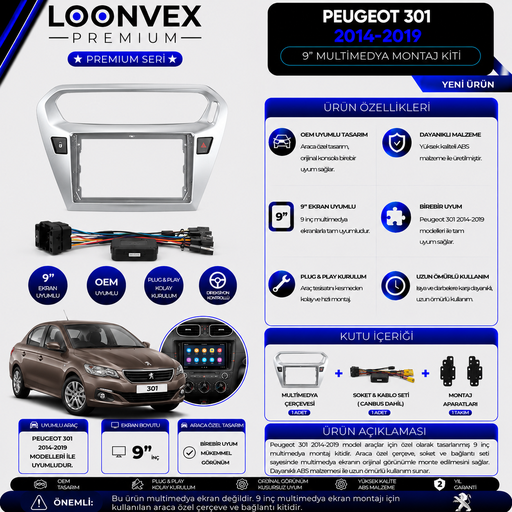 LOONVEX Premium Peugeot 301 2014-2019 9 İnç Gri Multimedya Çerçeve + Soket + CANBUS Montaj Kiti