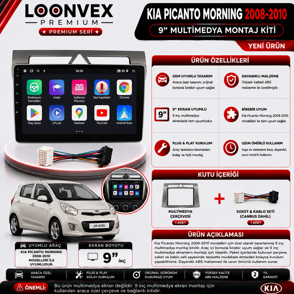 LOONVEX PREMIUM KIA PICANTO MORNING 2008-2010 9" MULTİMEDYA MONTAJ KİTİ