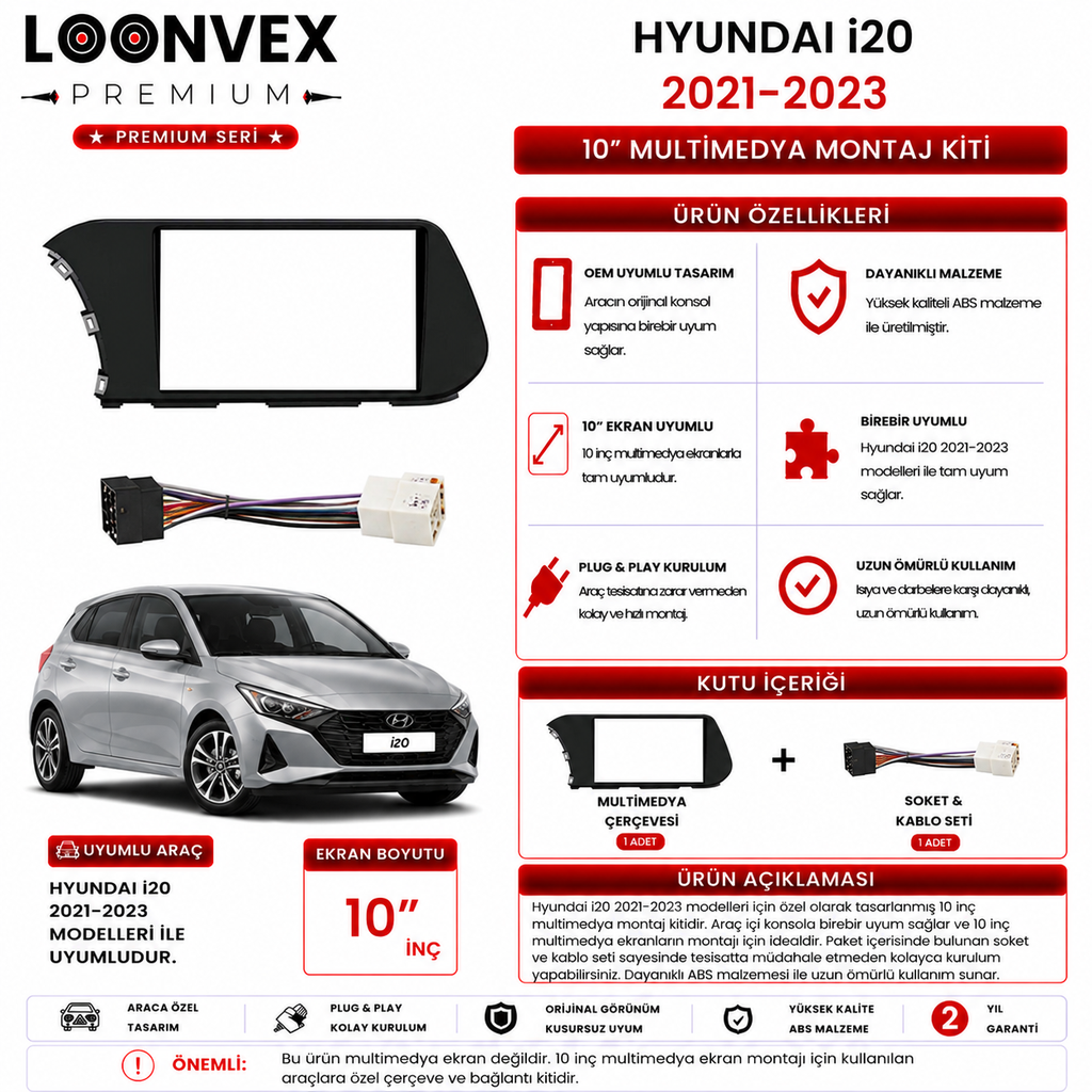 LOONVEX PREMIUM – HYUNDAI i20 2021-2023 10" MULTİMEDYA ÇERÇEVE + SOKET KİTİ