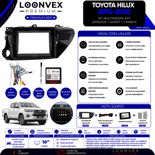 LOONVEX Premium Toyota Hilux 2015-2020 10 İnç Multimedya Çerçeve + Soket + CANBUS Montaj Kiti