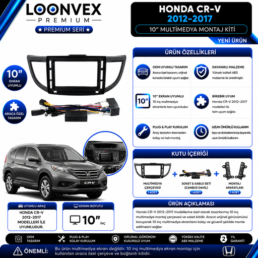 LOONVEX PREMIUM – HONDA CR-V 2012-2017 10" MULTİMEDYA ÇERÇEVE + SOKET KİTİ