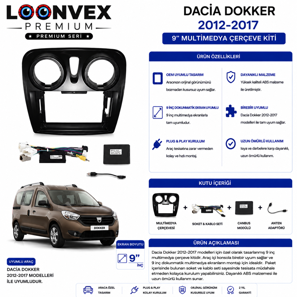 LOONVEX PREMIUM – DACIA DOKKER 2012-2017 9" MULTİMEDYA ÇERÇEVE + SOKET KİTİ