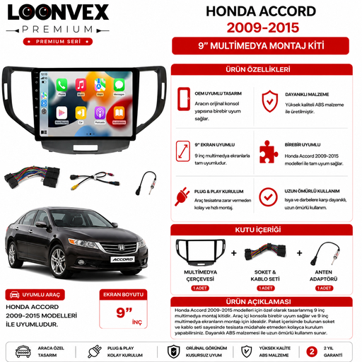 LOONVEX PREMIUM – HONDA ACCORD 2009-2015 9" MULTİMEDYA ÇERÇEVE + SOKET KİTİ