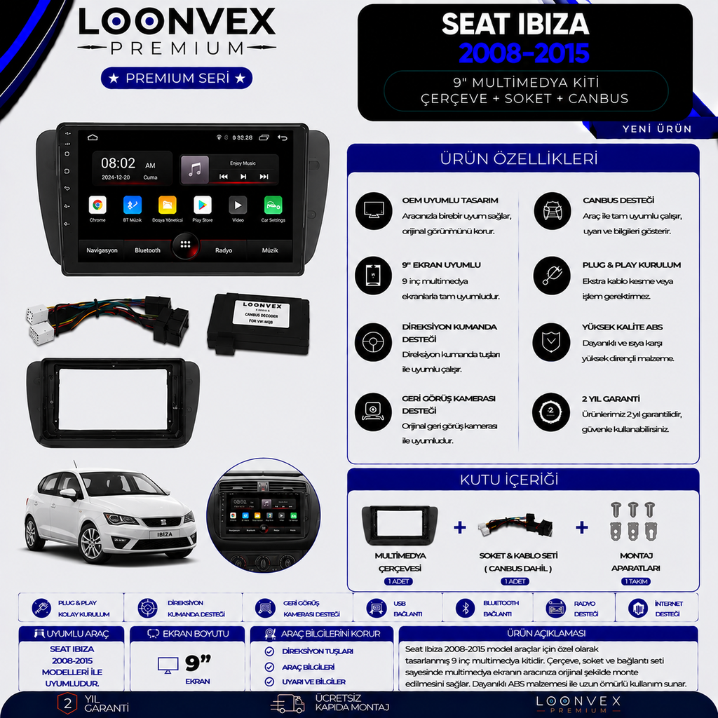 LOONVEX Premium SEAT Ibiza 2008-2015 9 İnç Multimedya Çerçeve + Soket + CANBUS Montaj Kiti