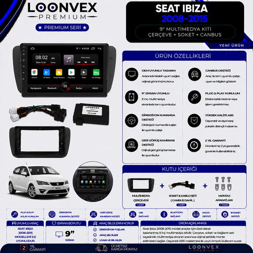 LOONVEX Premium SEAT Ibiza 2008-2015 9 İnç Multimedya Çerçeve + Soket + CANBUS Montaj Kiti