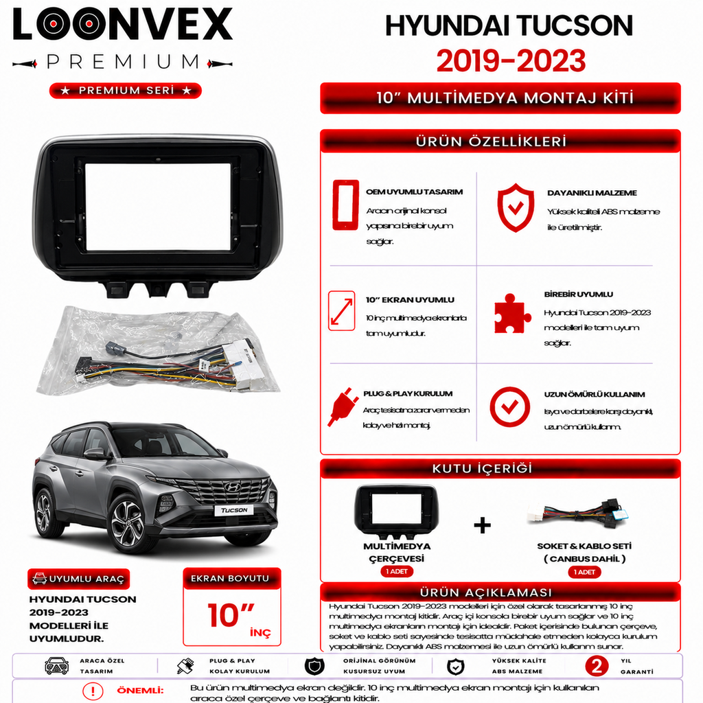 LOONVEX PREMIUM – HYUNDAI TUCSON 2019-2023 10" MULTİMEDYA ÇERÇEVE + SOKET KİTİ