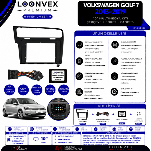 LOONVEX Premium Volkswagen Golf 7 2013-2019 10 İnç Multimedya Çerçeve + Soket + CANBUS Montaj Kiti