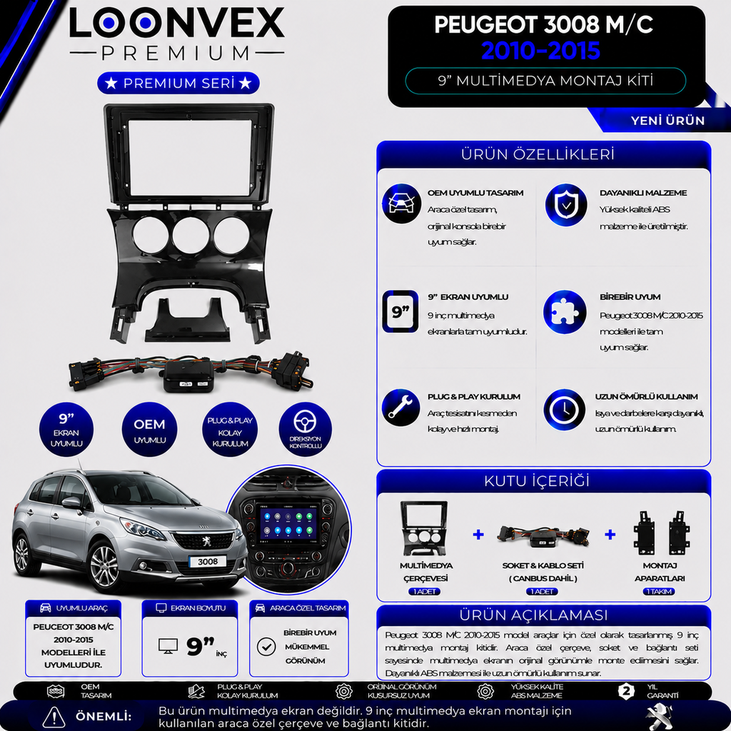LOONVEX Premium Peugeot 3008 M/C 2010-2015 9 İnç Multimedya Çerçeve + Soket + CANBUS Montaj Kiti