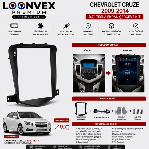 LOONVEX Chevrolet Cruze 2009-2014 9.7 İnç Tesla Multimedya Çerçeve + Soket Seti OEM Uyumlu