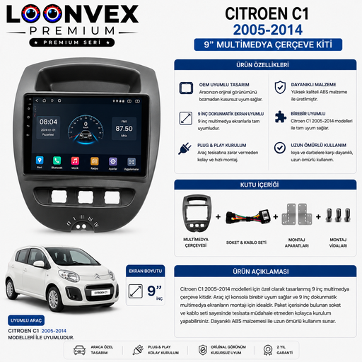 LOONVEX Citroen C1 2005-2014 9 İnç Multimedya Çerçeve + Soket Seti OEM Uyumlu