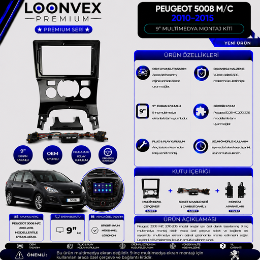 LOONVEX Premium Peugeot 5008 M/C 2010-2015 9 İnç Multimedya Çerçeve + Soket + CANBUS Montaj Kiti