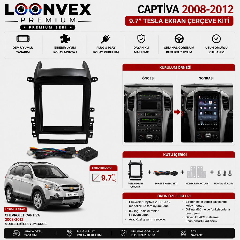 LOONVEX Chevrolet Captiva 2008-2012 9.7 İnç Tesla Multimedya Çerçeve + Soket Seti OEM Uyumlu
