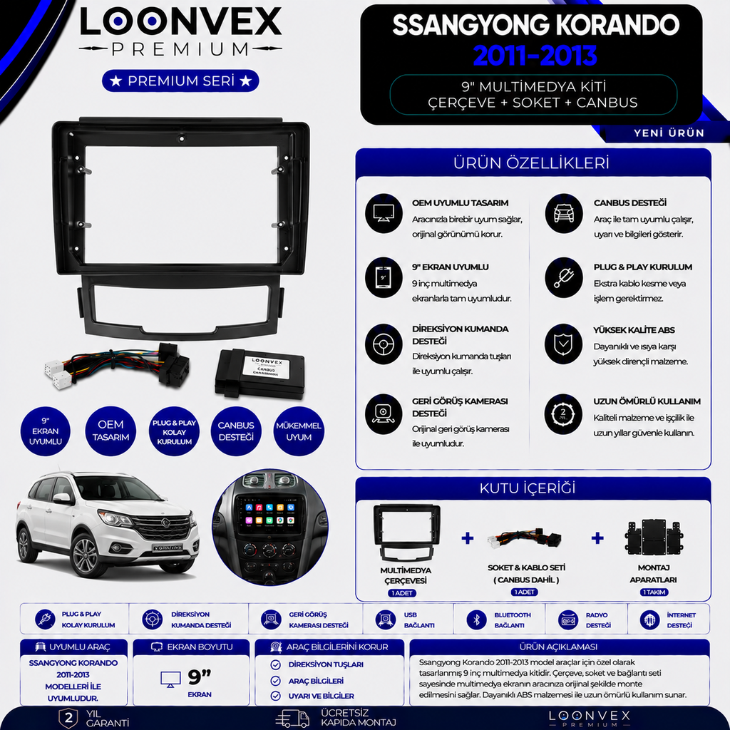 LOONVEX Premium SsangYong Korando 2011-2013 9 İnç Multimedya Çerçeve + Soket + CANBUS Montaj Kiti