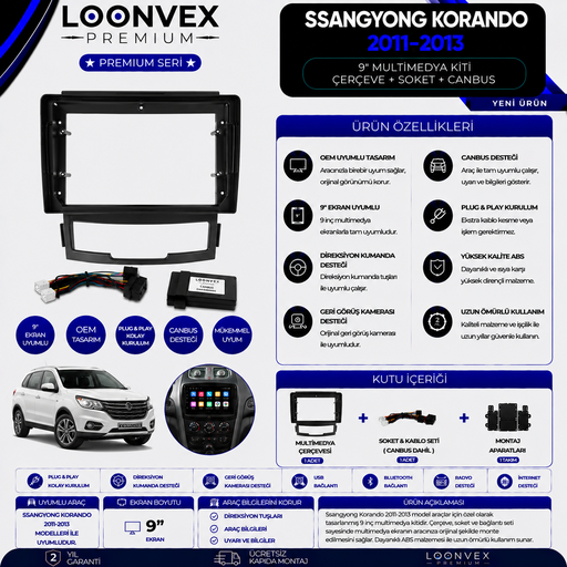 LOONVEX Premium SsangYong Korando 2011-2013 9 İnç Multimedya Çerçeve + Soket + CANBUS Montaj Kiti