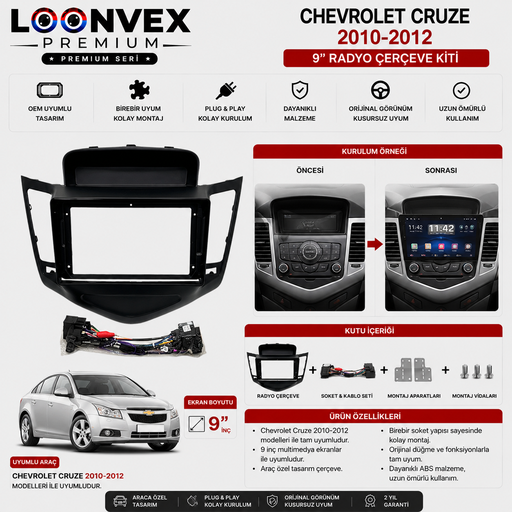 LOONVEX Chevrolet Cruze 2010-2012 9 İnç Multimedya Çerçeve + Soket Seti OEM Uyumlu
