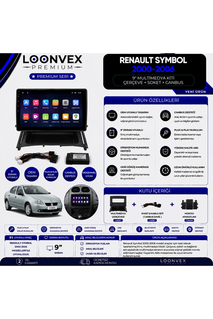 LOONVEX Premium Renault Symbol 2000-2006 9 İnç Multimedya Çerçeve + Soket + CANBUS Montaj Kiti
