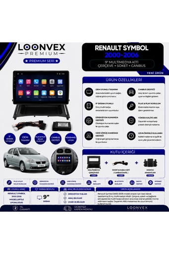 LOONVEX Premium Renault Symbol 2000-2006 9 İnç Multimedya Çerçeve + Soket + CANBUS Montaj Kiti