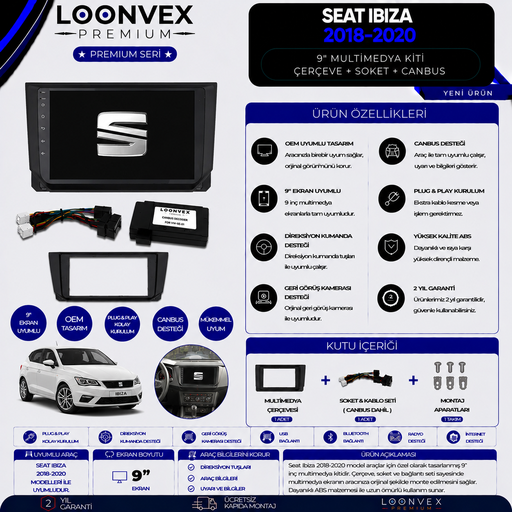 LOONVEX Premium SEAT Ibiza 2018-2020 9 İnç Multimedya Çerçeve + Soket + CANBUS Montaj Kiti