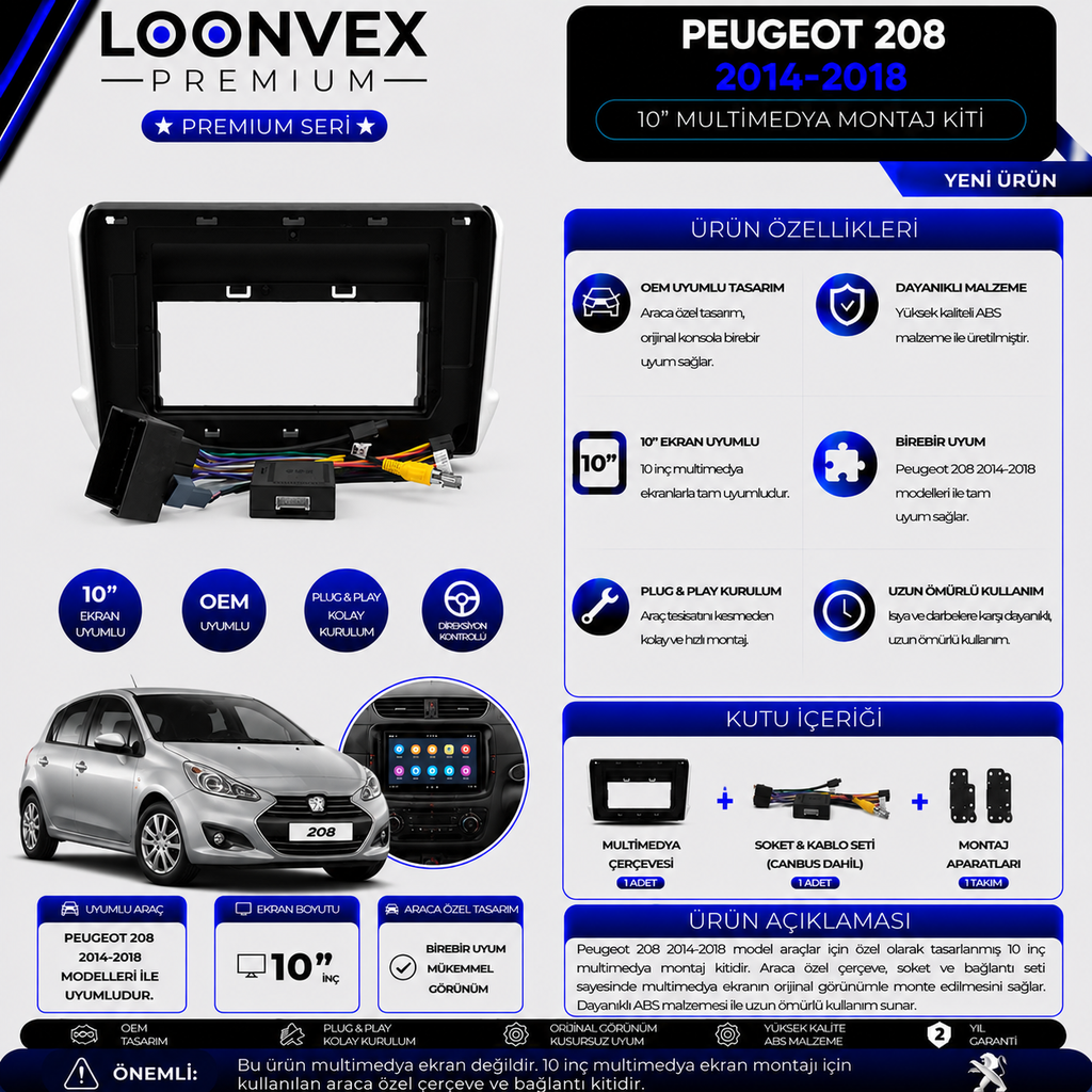 LOONVEX Premium Peugeot 208 2014-2018 10 İnç Multimedya Çerçeve + Soket + CANBUS Montaj Kiti