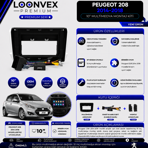 LOONVEX Premium Peugeot 208 2014-2018 10 İnç Multimedya Çerçeve + Soket + CANBUS Montaj Kiti