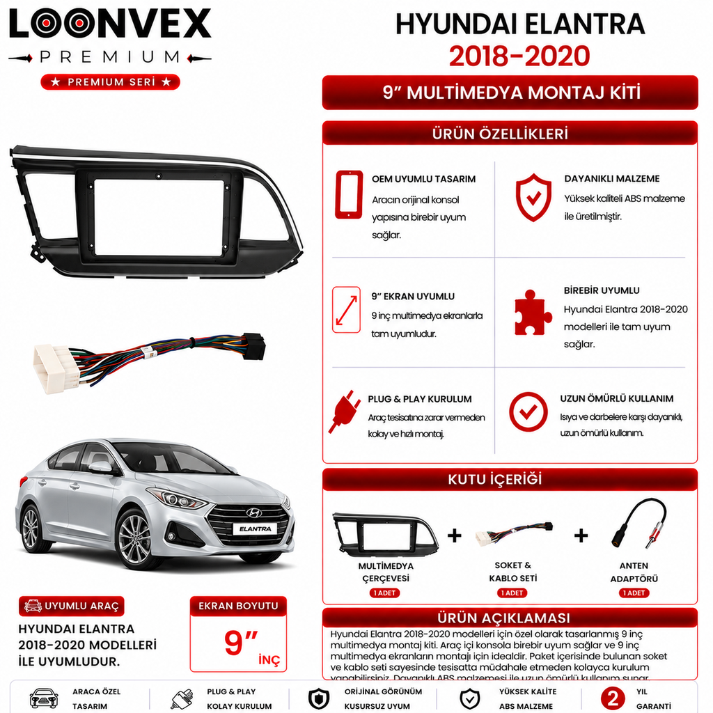 LOONVEX PREMIUM – HYUNDAI ELANTRA 2018-2020 9" MULTİMEDYA ÇERÇEVE + SOKET KİTİ