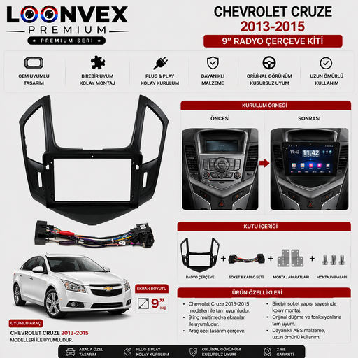 LOONVEX Chevrolet Cruze 2013-2015 9 İnç Multimedya Çerçeve + Soket Seti OEM Uyumlu