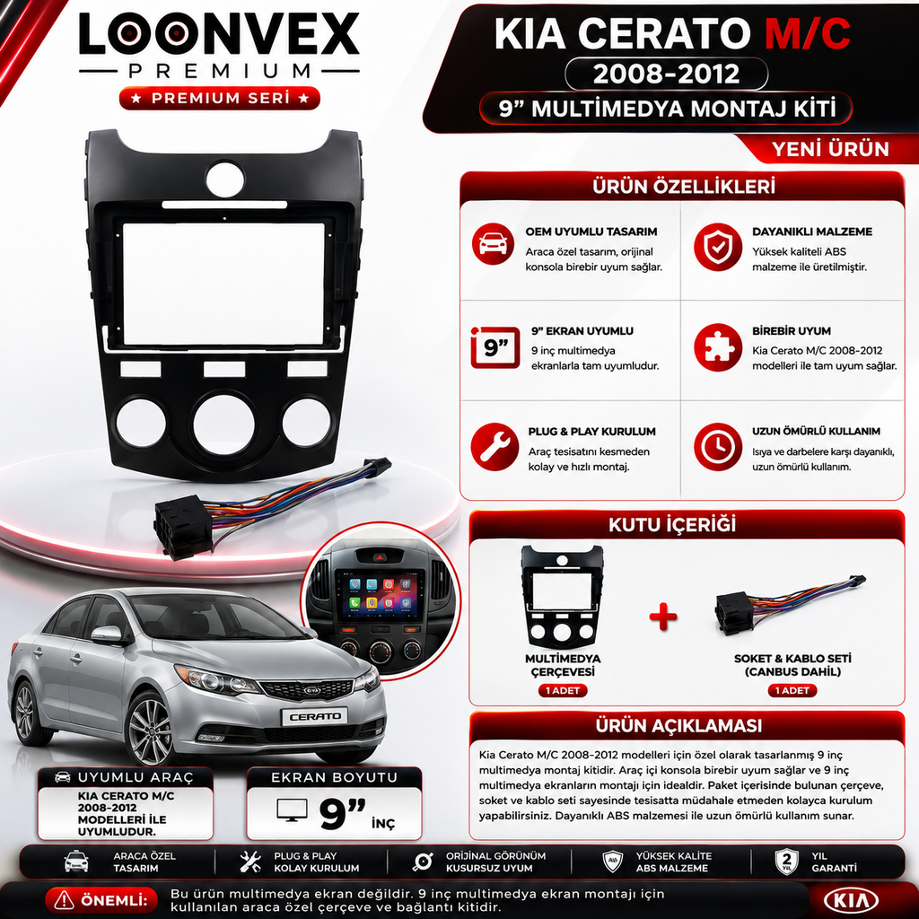 Loonvex Premium Kia Cerato 2008-2012 9 İnç Manuel Klima Multimedya Çerçeve + Soket Kiti