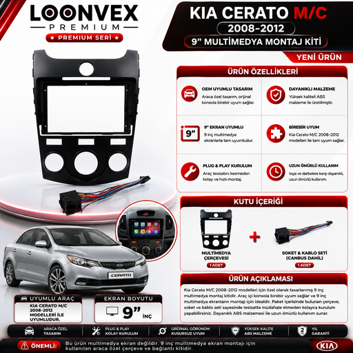 Loonvex Premium Kia Cerato 2008-2012 9 İnç Manuel Klima Multimedya Çerçeve + Soket Kiti