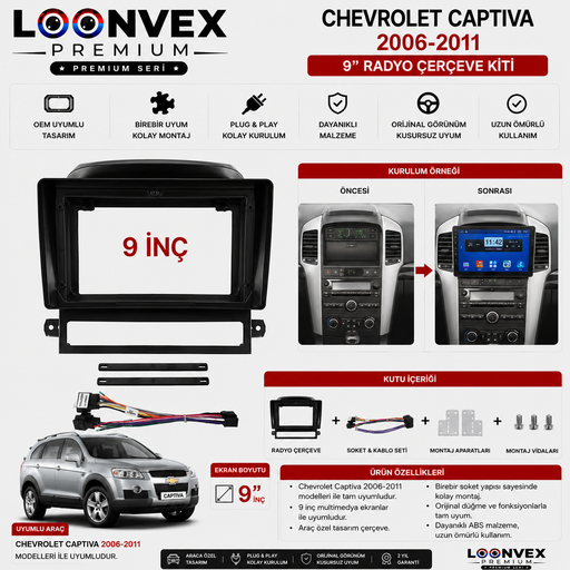 LOONVEX Chevrolet Captiva 2006-2011 9 İnç Multimedya Çerçeve + Soket Seti OEM Uyumlu