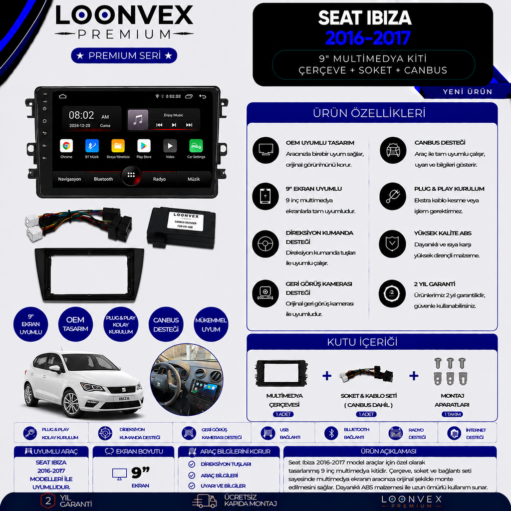 LOONVEX Premium SEAT Ibiza 2016-2017 9 İnç Multimedya Çerçeve + Soket + CANBUS Montaj Kiti