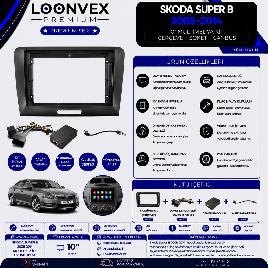 LOONVEX Premium Skoda Superb 2008-2014 10 İnç Multimedya Çerçeve + Soket + CANBUS Montaj Kiti