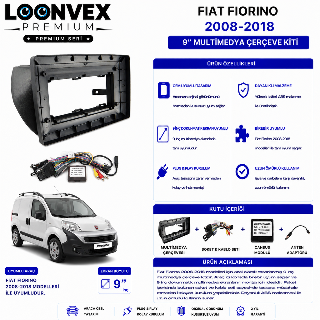 LOONVEX PREMIUM – FIAT FIORINO 2008-2018 9" MULTİMEDYA ÇERÇEVE + SOKET KİTİ