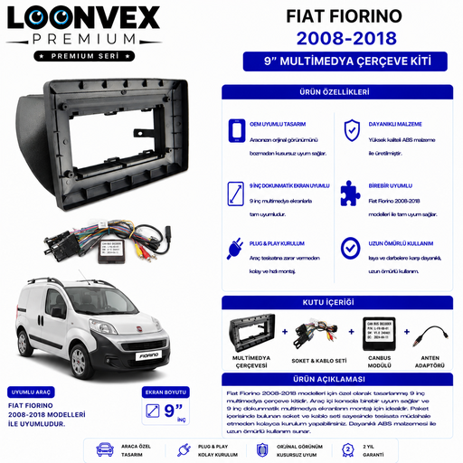 LOONVEX PREMIUM – FIAT FIORINO 2008-2018 9" MULTİMEDYA ÇERÇEVE + SOKET KİTİ