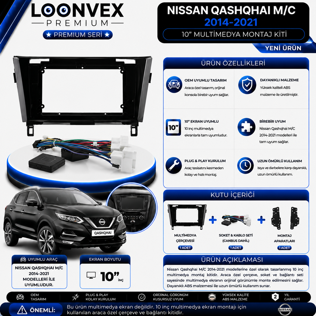 LOONVEX Premium Nissan Qashqai M/C 2014-2021 10 İnç Multimedya Çerçeve ve Soket Montaj Kiti