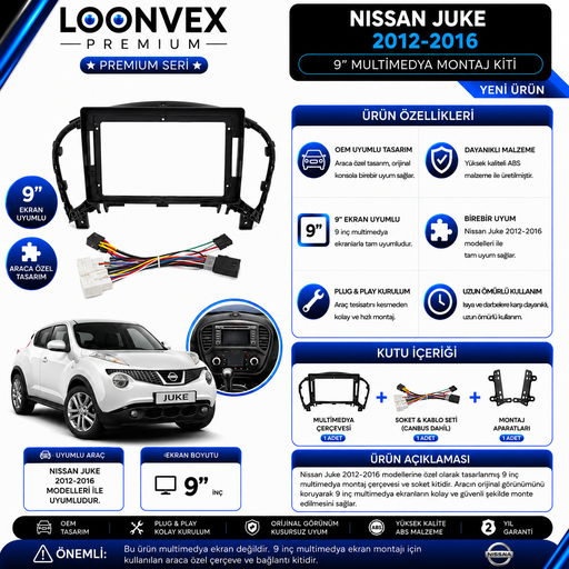 LOONVEX Premium Nissan Juke 2012-2016 9 İnç Multimedya Çerçeve ve Soket Montaj Kiti