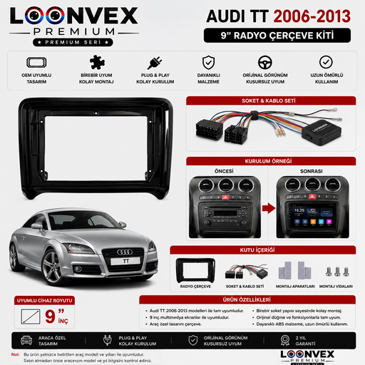 LOONVEX Audi TT 8J (İkinci Nesil) 2006-2013 9 İnç Multimedya Çerçeve + Soket Seti OEM Uyumlu